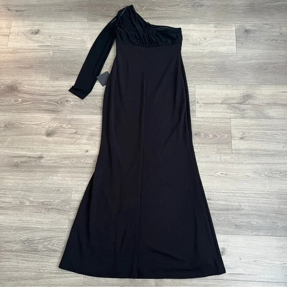 Lulus Stunning Essence One Shoulder Mermaid Maxi Dress Large Black Slit Mesh NWT - Picture 10 of 12